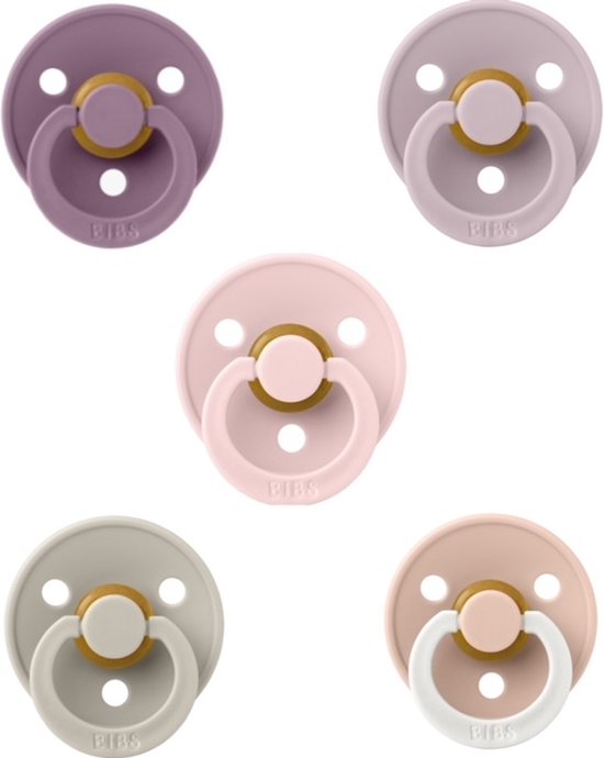 Bibs fopspenen 6-18 maand set 5 stuks Mauve,Dusky Lilac,Blush,Sand en Blush Night Glow maat 2 van Bibs