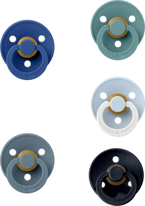 Bibs fopspenen 6-18 maand set 5 stuks Petrol,Island Sea,Cornflower,Black en Baby Blue Night Glow maat 2 van Bibs