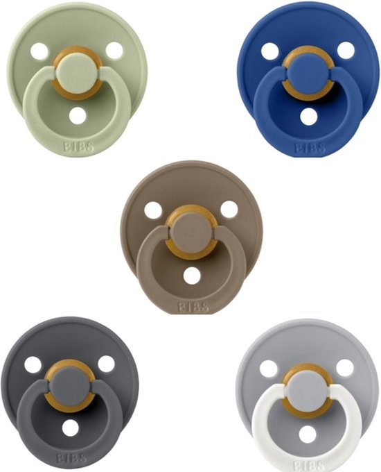 Bibs fopspenen 6-18 maand set 5 stuks Pistachio,Cornflower,Dark Oak,Iron en Night Glow Cloud maat 2 van BIBS