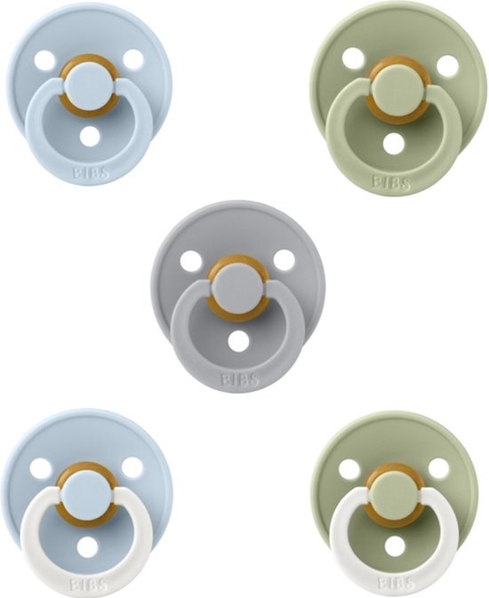 Bibs fopspenen 6-18 maand set 5 stuks Sage,Dusty Blue,Cloud,Baby Blue Night Glow en Sage Night Glow maat 2 van BIBS