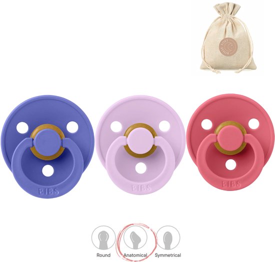 BIBS fopspenen anatomisch maat 1: grape, violet sky en coral + BolleToet speenzakje