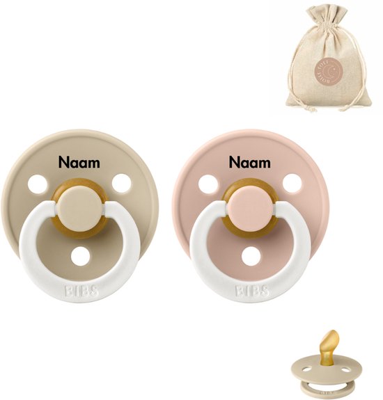 BIBS fopspenen anatomisch met naam - maat 2 - glow in the dark blush en vanilla + BolleToet speenzakje van Merkloos