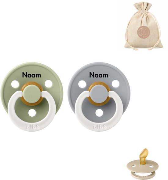 BIBS fopspenen anatomisch met naam - maat 2 - glow in the dark sage en cloud + BolleToet speenzakje van Merkloos