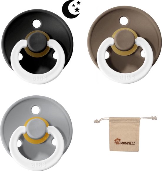 BIBS Fopspenen - Maat 1 0-6 maanden - Latex – Glow in the dark Black – Dark Oak– Cloud van Bibs