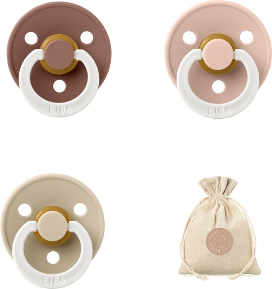 Bibs fopspenen maat 1 0-6 maanden - set 3 spenen + bolletoet speenzakje - Glow Woodchuck, Blush, Vanilla van Bibs