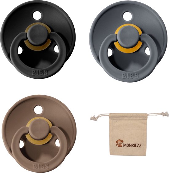 Bibs fopspenen maat 1 0-6 maanden| Set 3 stuks| Dark oak, Iron, black + Monkiezz speenzakje van Bibs