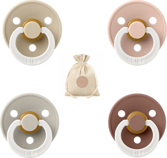 Bibs fopspenen maat 1 0-6 maanden - set 4 spenen + bolletoet speenzakje - Glow Sand, Vanilla, Blush en Woodchuck van Bibs