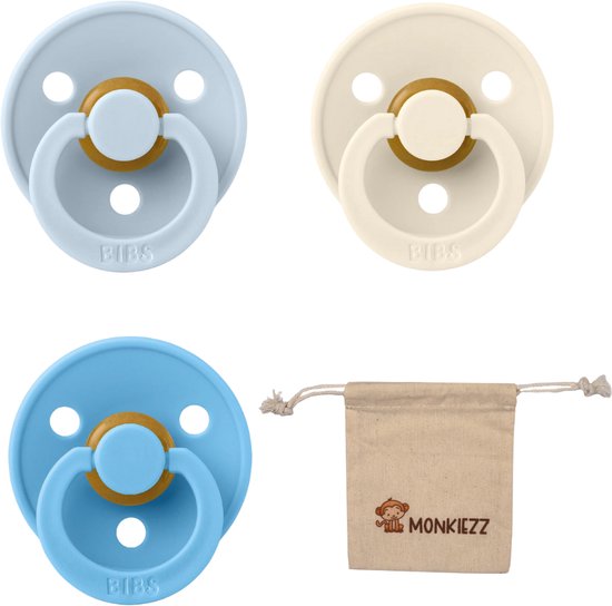 BIBS Fopspenen - Maat 2 6-18 maanden - Latex - Breeze, Ivory, Baby Blue + Monkiezz speenzakje van BIBS