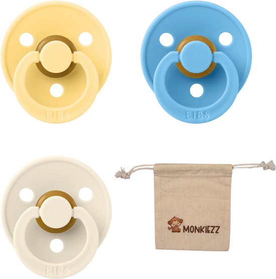 BIBS Fopspenen - Maat 2 6-18 maanden - Latex - Breeze, Ivory, Pale Butter + Monkiezz speenzakje van BIBS