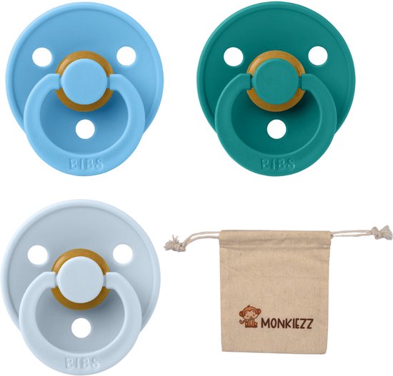 BIBS Fopspenen - Maat 2 6-18 maanden - Latex – Breeze, Scuba, Baby Blue + Monkiezz speenzakje van BIBS