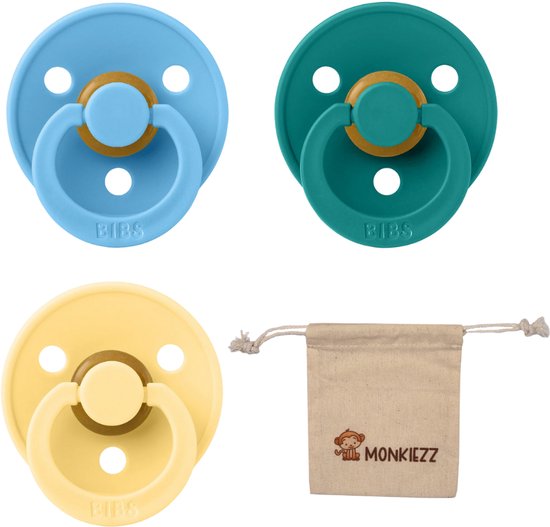 BIBS Fopspenen - Maat 2 6-18 maanden - Latex – Breeze, Scuba, Pale Butter + Monkiezz speenzakje van BIBS