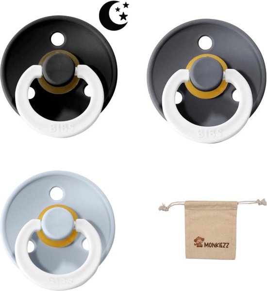 BIBS Fopspenen - Maat 2 6-18 maanden - Latex – Glow in the dark Black – Baby Blue – Petrol + Monkiezz speenzakje van Bibs