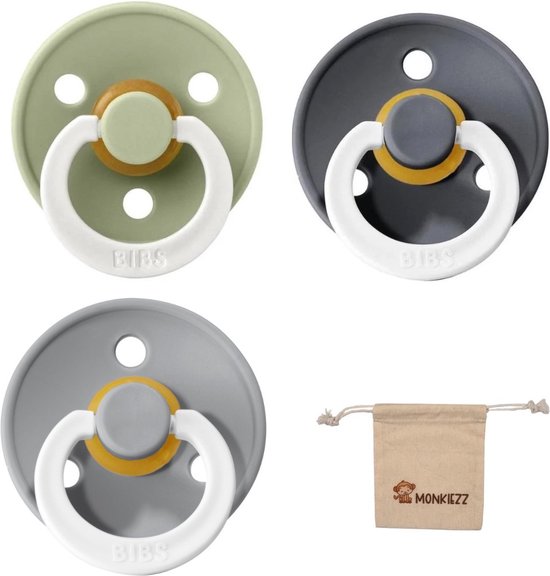 BIBS Fopspenen - Maat 2 6-18 maanden - Latex – Glow in the dark Cloud – Sage – Iron + Monkiezz speenzakje van Bibs