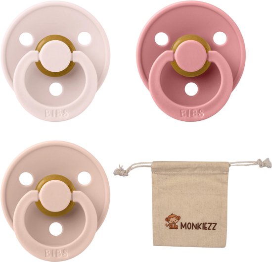 BIBS Fopspenen - Maat 2 6-18 maanden - Latex - Petal, Dusty Pink, Blush + Monkiezz speenzakje van BIBS