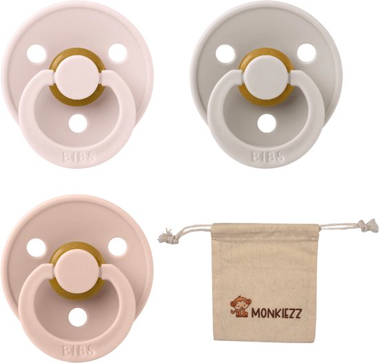 BIBS Fopspenen - Maat 2 6-18 maanden - Latex - Petal, Mushroom, Blush + Monkiezz speenzakje van BIBS