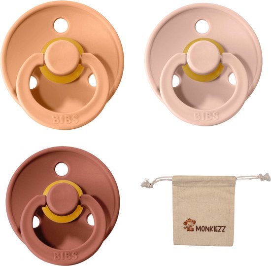 Bibs fopspenen maat 2 6-18 maanden| Set 3 stuks| Blush, Woodchuck, Peach + Monkiezz speenzakje van Bibs
