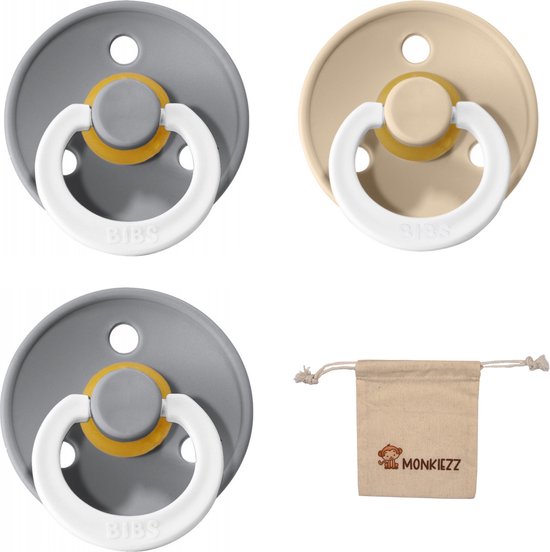 Bibs fopspenen maat 2 6-18 maanden| Set 3 stuks| Glow cloud, vanilla, cloud + Monkiezz speenzakje van Bibs