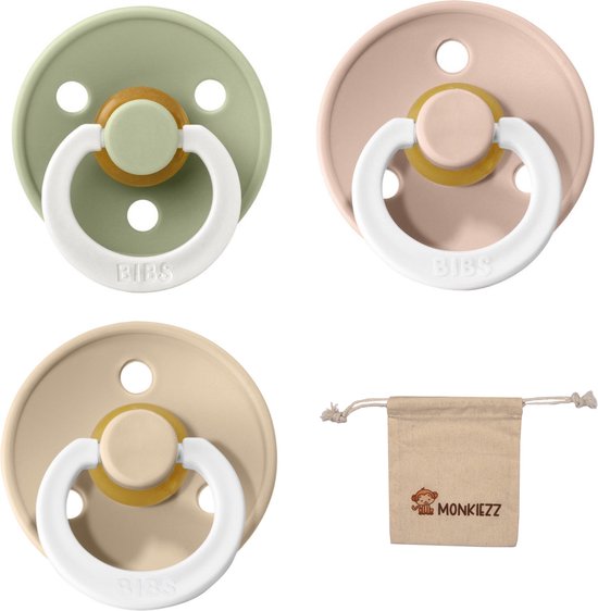 Bibs fopspenen maat 2 6-18 maanden| Set 3 stuks| Glow sage, vanilla, Blush + Monkiezz speenzakje van Bibs