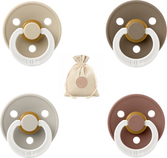 Bibs fopspenen maat 2 6-18 maanden - set 4 spenen + bolletoet speenzakje - Glow Sand, Vanilla, Dark oak en Woodchuck van BIBS