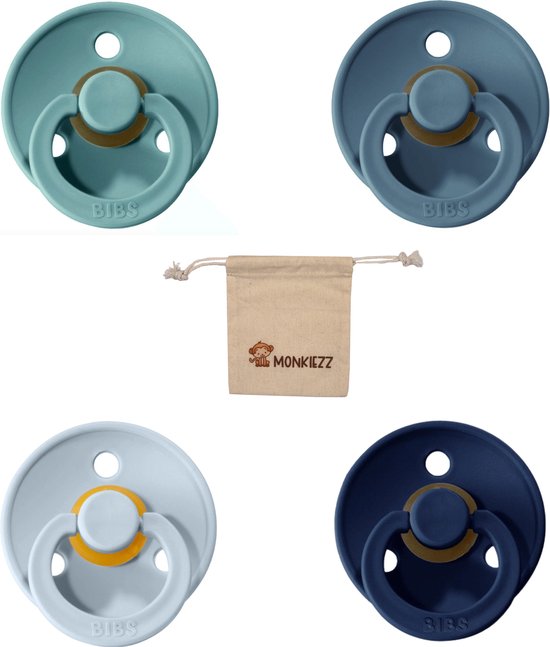 Bibs fopspenen maat 2 6-18 maanden| Set 4 stuks| Baby blue, Deep space, petrol, Island sea + Monkiezz speenzakje van Bibs