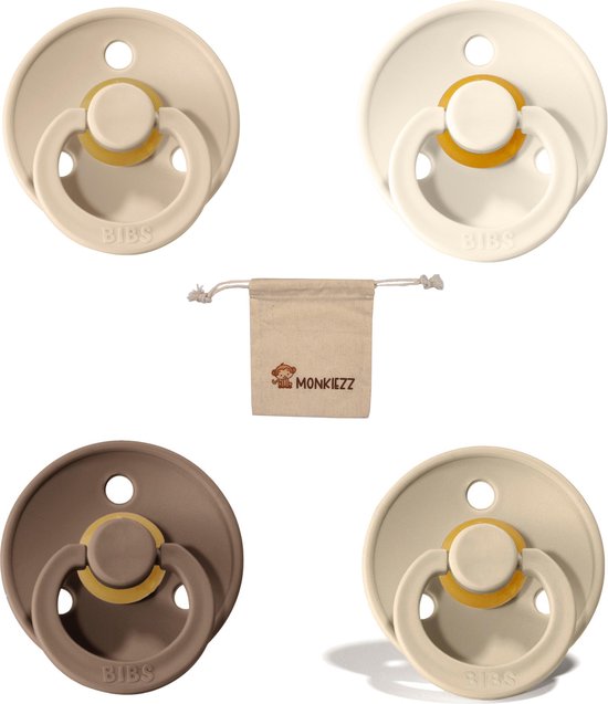 Bibs fopspenen maat 2 6-18 maanden| Set 4 stuks| Vanilla, Ivory, sand, Dark oak + Monkiezz speenzakje van Bibs