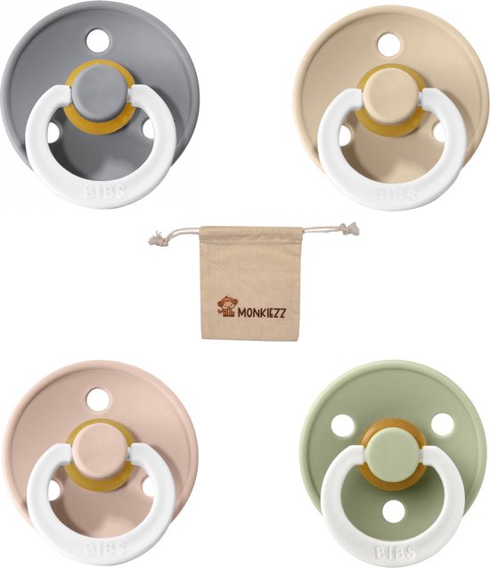 Bibs fopspenen maat 3 18+ maanden| Set 4 stuks| Glow Cloud, Vanilla, Blush, Sage + Monkiezz speenzakje van Bibs