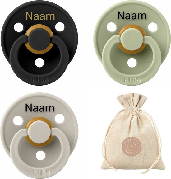 BIBS fopspenen met naam - T1 - Black, Sand , Sage - 0-6 maanden - spenen - speen - fopspeen - BolleToet speenzakje van Bibs