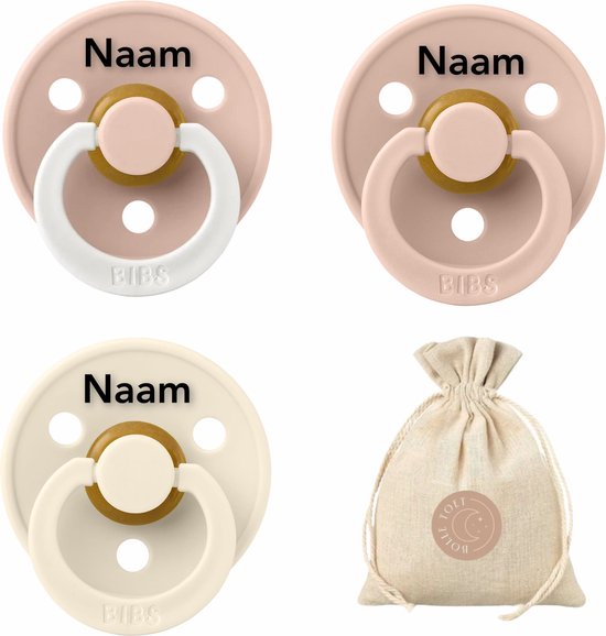 BIBS fopspenen met naam - T1 - Blush, Ivory & Blush Glow - 0/6 maanden - spenen - speen - fopspeen - BolleToet speenzakje van Bibs