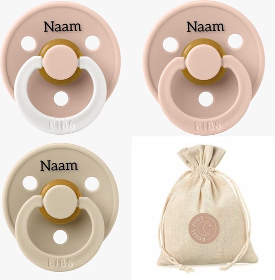 BIBS fopspenen met naam -T1 - Blush, vanilla en glow in the dark blush - 0-6 maanden -spenen - speen - fopspeen - BolleToet speenzakje van Bibs