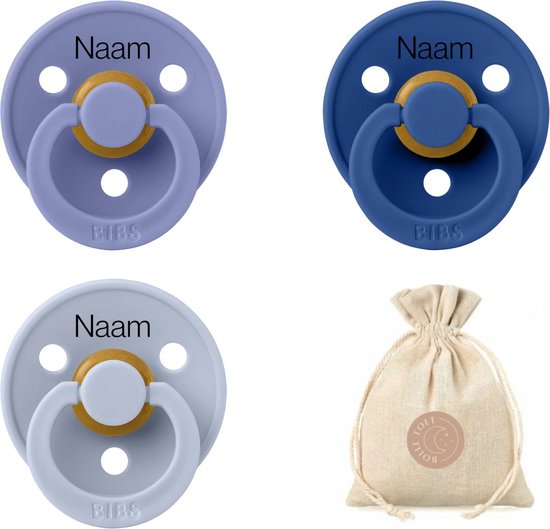 BIBS fopspenen met naam T1 + speenzakje BolleToet - Peri , Cornflower , Dusty blue - 0-6 maanden van Bibs