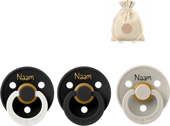 BIBS fopspenen met naam | T2 | Glow black, black, sand | 6-18 maanden | spenen | speen | fopspeen | BolleToet speenzakje van Bibs