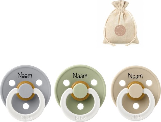 BIBS fopspenen met naam T2 - Glow in the dark: vanilla, sage en cloud - 6-18 maanden - BolleToet speenzakje van Bibs