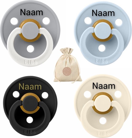 BIBS fopspenen met naam - T3 -Baby blue, Black, Ivory & Glow Cloud - 18 + maanden - spenen - speen - fopspeen - BolleToet speenzakje van Bibs