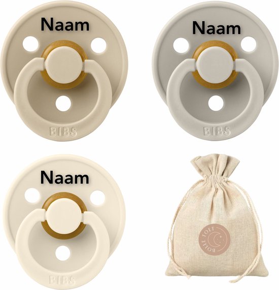 BIBS fopspenen met naam - T3 - Vanilla, Ivory, Sand - 18+ maanden - spenen - speen - fopspeen - BolleToet speenzakje van Bibs