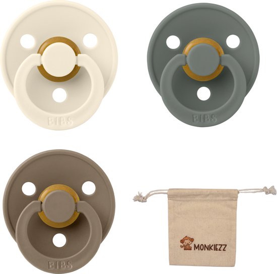 Bibs fopspenen - set 3 stuks - 6-18 maanden Maat 2- Pine, Ivory white en Dark oak- T2 Met Monkiezz speenzakje van Bibs