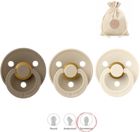 BIBS fopspenen symmetrisch - maat 1 (0-6 maanden) - dark oak, ivory, vanilla + Bolletoet zakje van Merkloos