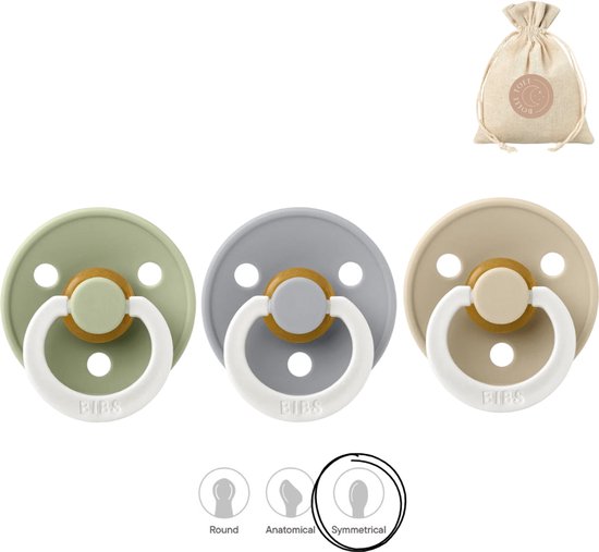 BIBS fopspenen symmetrisch - maat 1 (0-6 maanden) - glow in the dark sage, cloud en vanilla symmetrical van BIBS