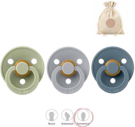 BIBS fopspenen symmetrisch - maat 2 (6-18 maanden) - sage, petrol en cloud + Bolletoet zakje van Merkloos