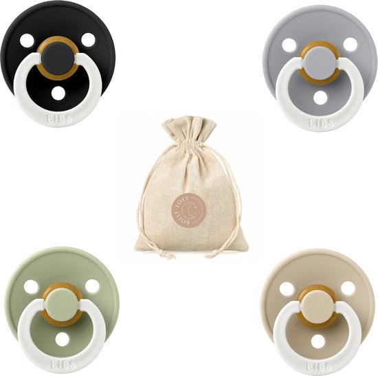 BIBS fopspenen T1 + speenzakje BolleToet - Glow in the dark black, vanilla, sage en cloud - 0-6 maanden van Bibs