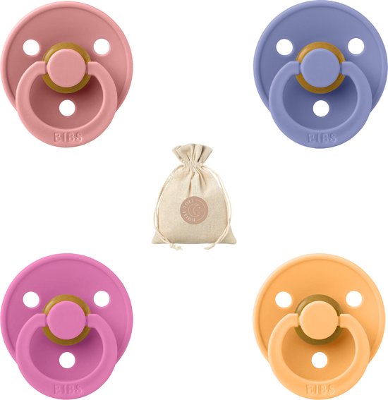 BIBS fopspenen T2 - Bubblegum, Sunkissed, Dusty pink en Peri - 6-18 maanden + BolleToet speenzakje van Bibs