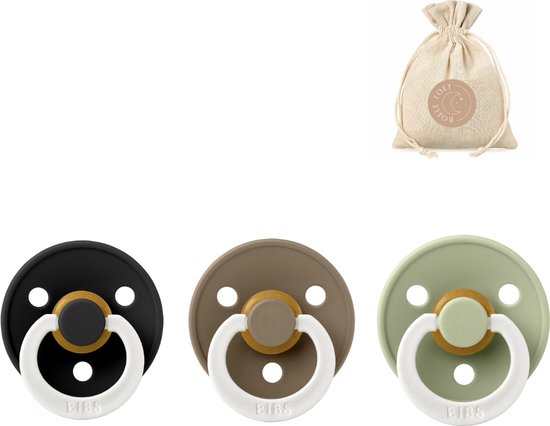 BIBS fopspenen T3 Glow in the dark: black, dark oak en sage + BolleToet speenzakje van Bibs