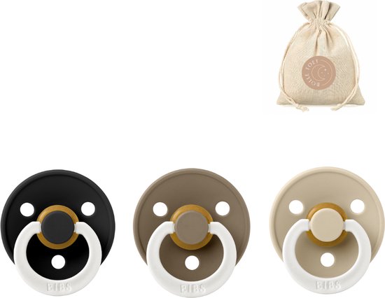 BIBS fopspenen T3 Glow in the dark: black, dark oak en vanilla + BolleToet speenzakje van Bibs