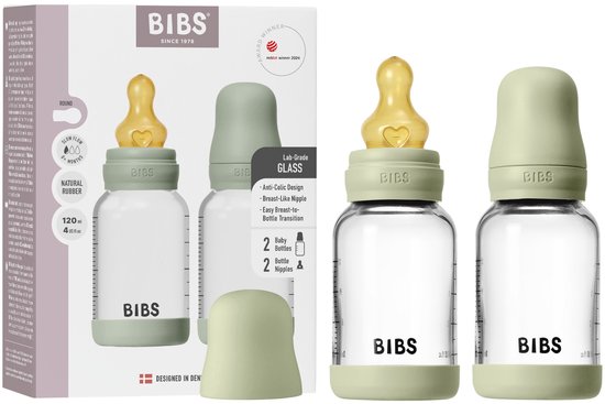 BIBS Glazen Babyfles - 120ml - 2-pack - Natuurrubber speen - Sage