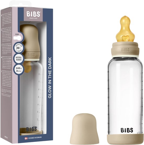 BIBS Glazen Babyfles - 240 ml - 1-pack - Natuurrubberen speen - Vanilla Glow