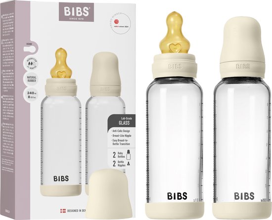 BIBS Glazen Babyfles - 240ml - 2-pack - Natuurrubber speen - Ivory