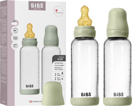 BIBS Glazen Babyfles - 240ml - 2-pack - Natuurrubber speen - Sage