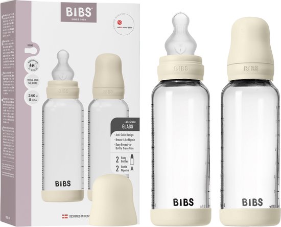 BIBS Glazen Babyfles - 240ml - 2-pack - Siliconen speen - Ivory