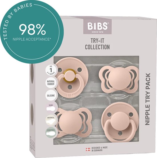 BIBS Speen, verpakking van 4 stuks. Proefpakket om uit te proberen. BPA-vrij, Ronde, symmetrische en anatomische speen. Natuurlijk rubberlatex / Siliconen, Gemaakt in Denemarken. 0+ maanden (Verpakking 4 stuks), Blush van Merkloos