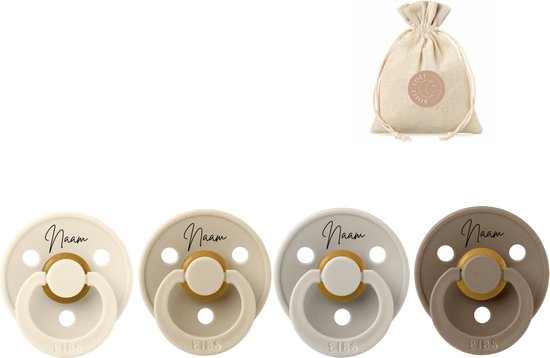 BIBS spenen rond met naam - Vanilla, Ivory, Sand en Dark oak T2 - met BolleToet speenzakje van Bibs