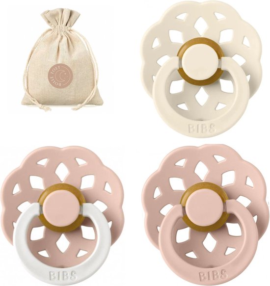 BIBS spenen T2 met speenzakje | Boheme | Ivory, Blush, Blush Glow in the dark | 6 tot 18 maanden van Bibs